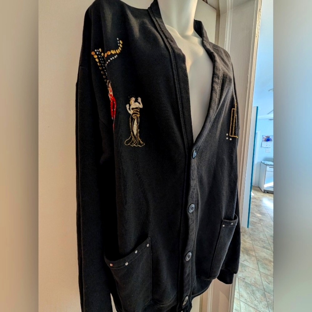 Vintage 80's Jerzees Black Cardigan with Embroidered Details. OS.